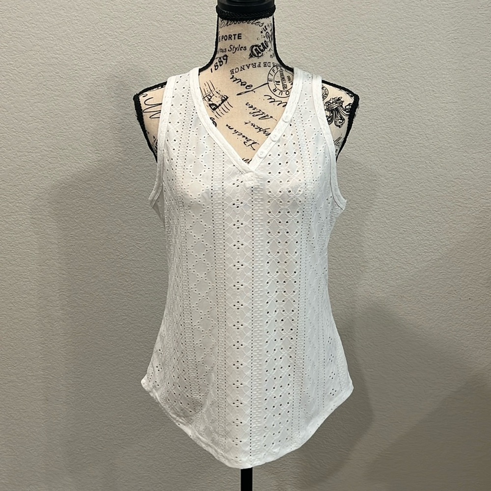 White V-Neck Eyelet Tank
